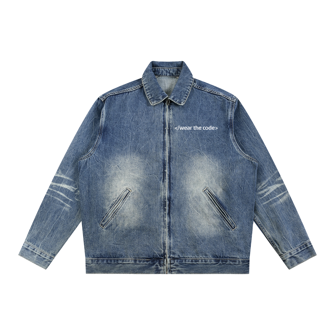 Blue denim jacket with brand logo on a white background