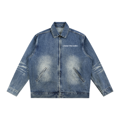 Blue denim jacket with brand logo on a white background