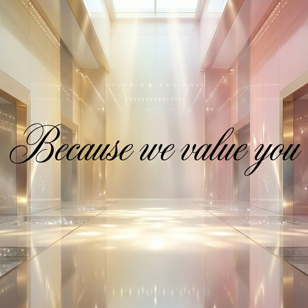 Luxurious interior with reflective floor and text 'Because we value you' in the center.