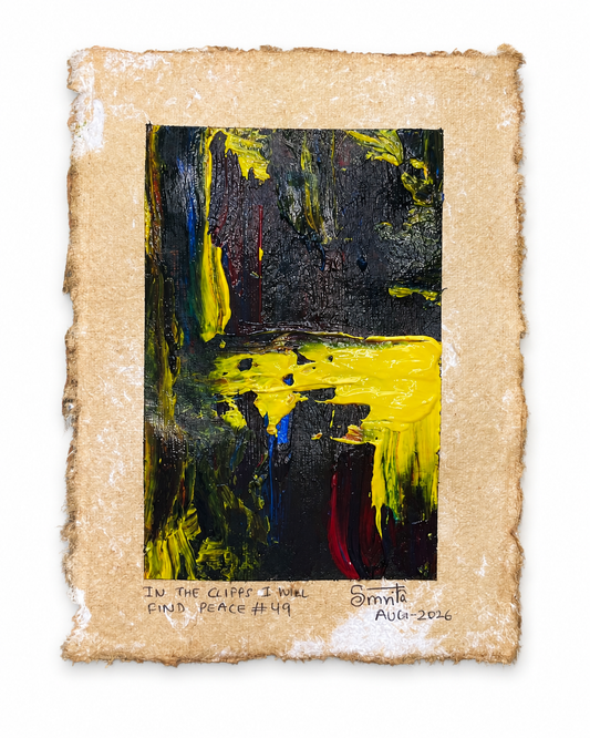 An abstract art print featuring a textured beige handmade paper border with a central dark, expressive painting in black, yellow, and green. Handwritten text at the bottom reads 'IN THE CLIFFS I WILL FIND PEACE #49' and is signed '@mmyr AUG 2026'.