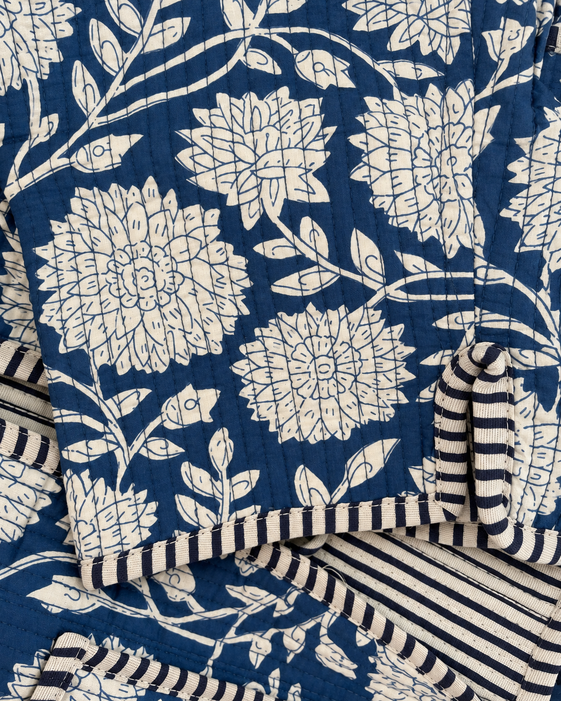 Jaipuri Blue White Flower Stripe Piping Block Print Jacket 100% Cotton