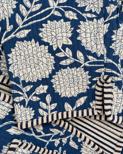 Jaipuri Blue White Flower Stripe Piping Block Print Jacket 100% Cotton