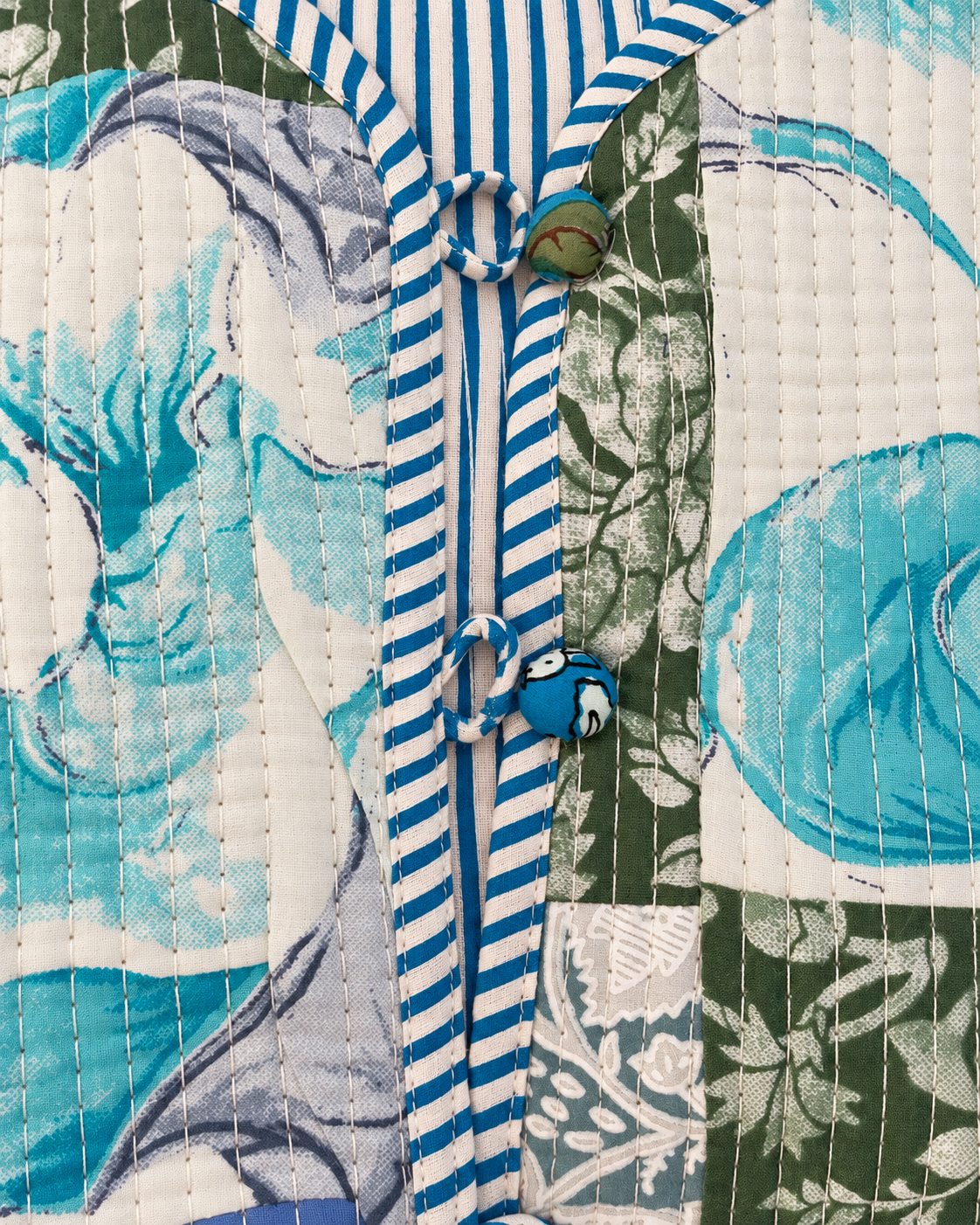 Jaipuri Blue Patch Work Stripe Piping Block Print Jacket 100% Cotton