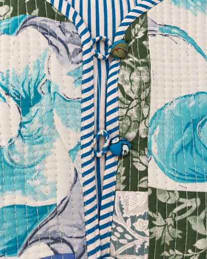 Jaipuri Blue Patch Work Stripe Piping Block Print Jacket 100% Cotton