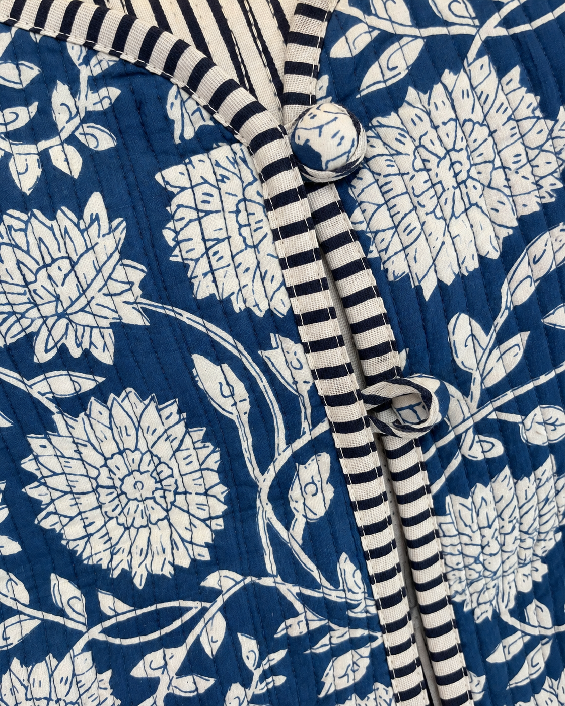 Jaipuri Blue White Flower Stripe Piping Block Print Jacket 100% Cotton
