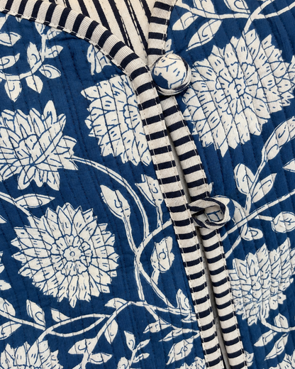 Jaipuri Blue White Flower Stripe Piping Block Print Jacket 100% Cotton