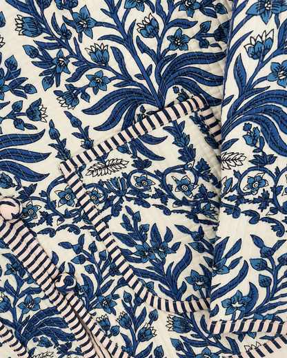 Jaipuri Blue Leaf Stripe Piping Block Print Jacket 100% Cotton