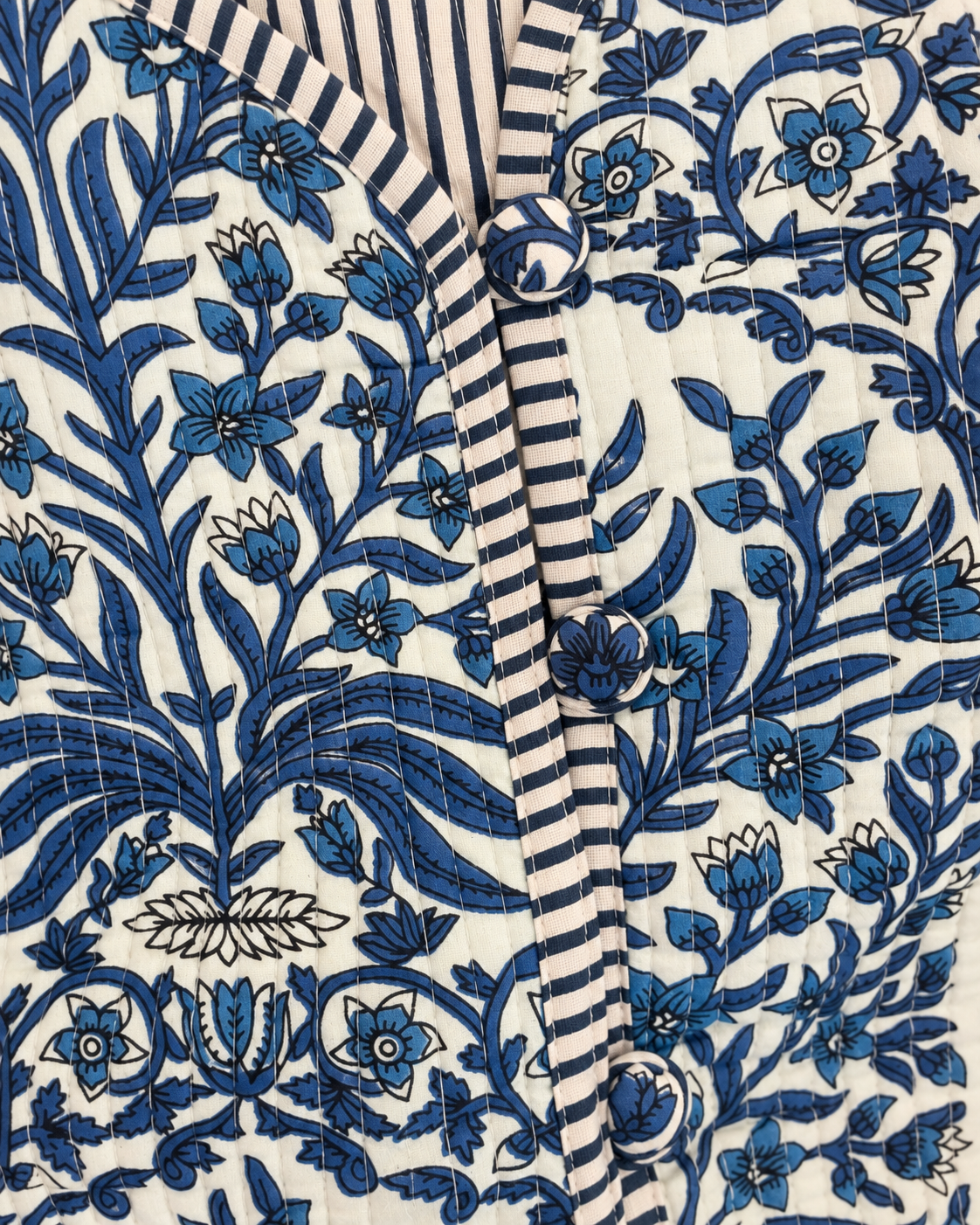 Jaipuri Blue Leaf Stripe Piping Block Print Jacket 100% Cotton