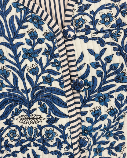 Jaipuri Blue Leaf Stripe Piping Block Print Jacket 100% Cotton