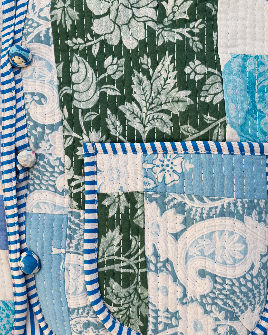 Jaipuri Blue Patch Work Stripe Piping Block Print Jacket 100% Cotton
