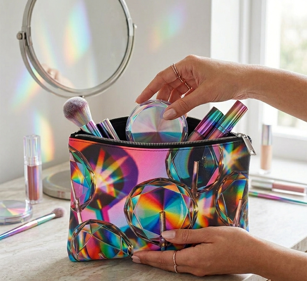 Multicolored makeup bag with cosmetic items on a vanity table.
