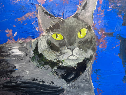 An expressive painting of a gray cat with bright yellow eyes against a vivid blue background with textured brushstrokes.
