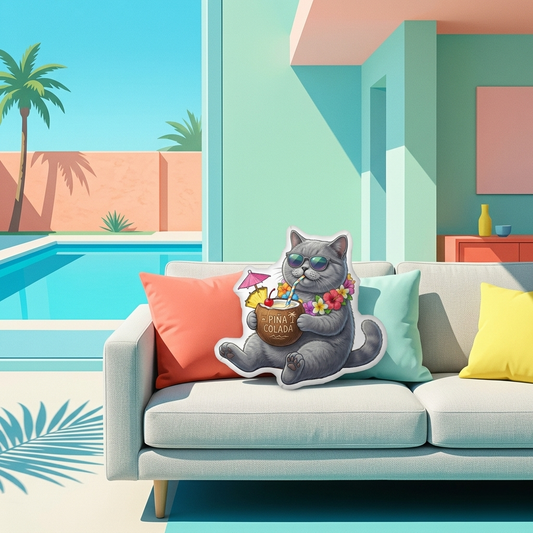Decorative pillow with a cat holding a drink on a couch by a poolside.