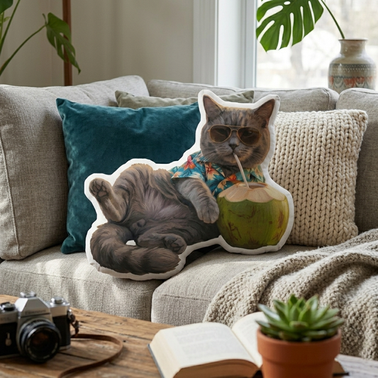 Decorative pillow with a cat design on a couch in a living room setting