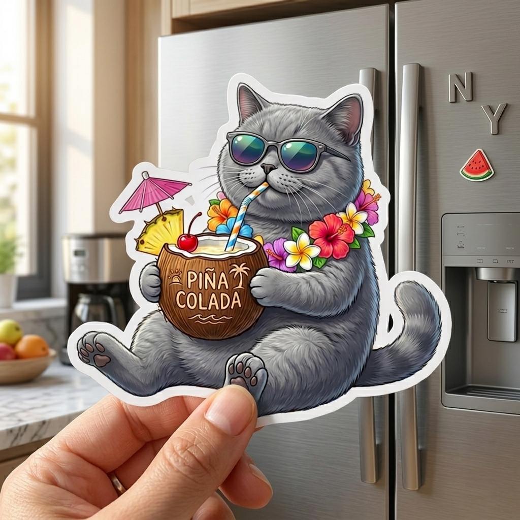 Sticker of a cat drinking a pina colada held in front of a refrigerator.