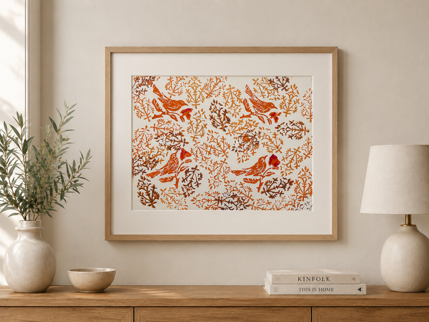 Woodblock Artist Print - Four Sparrows With Red Flowers - 001 - print only (frame not included)
