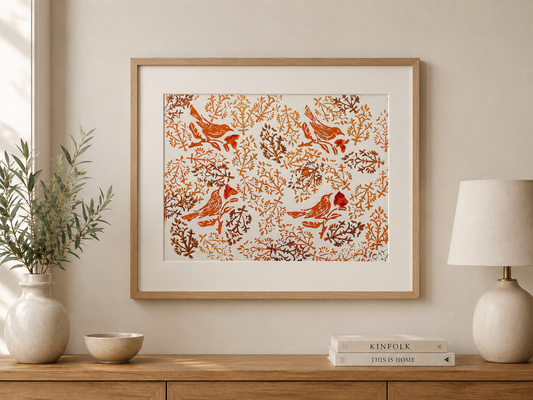 Woodblock Artist Print - Four Sparrows With Red Flowers - 001 - print only (frame not included)