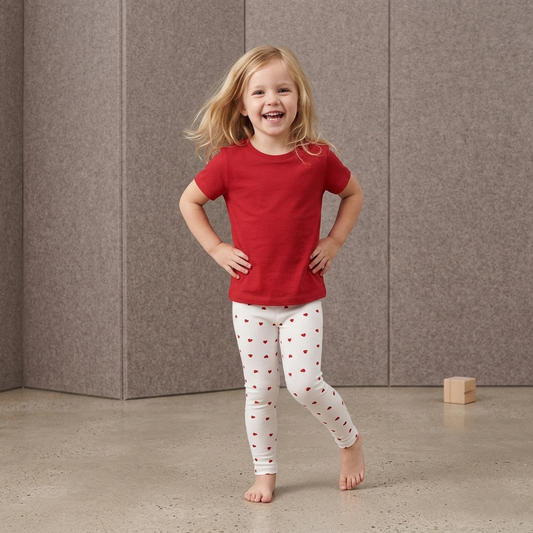 Child wearing a red shirt and white leggings with red hearts against a gray wall.