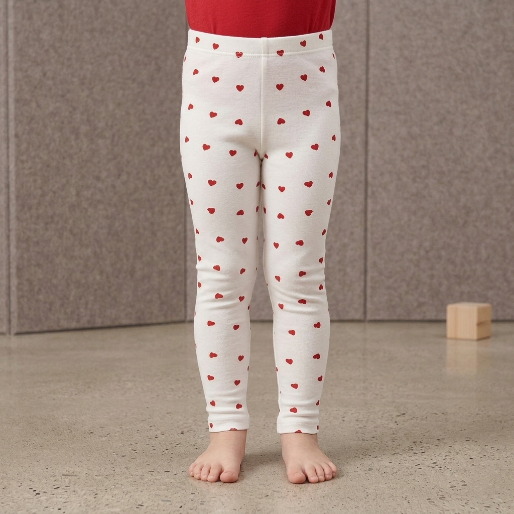 White leggings with red heart patterns worn by a child against a neutral background