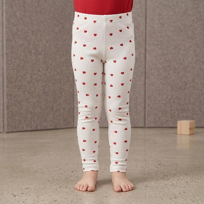 White leggings with red heart patterns worn by a child against a neutral background