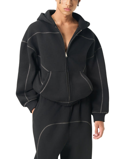 </wear the code> White Men Contrast-Stitched Boxy Fleece Zip Artist Hoodie