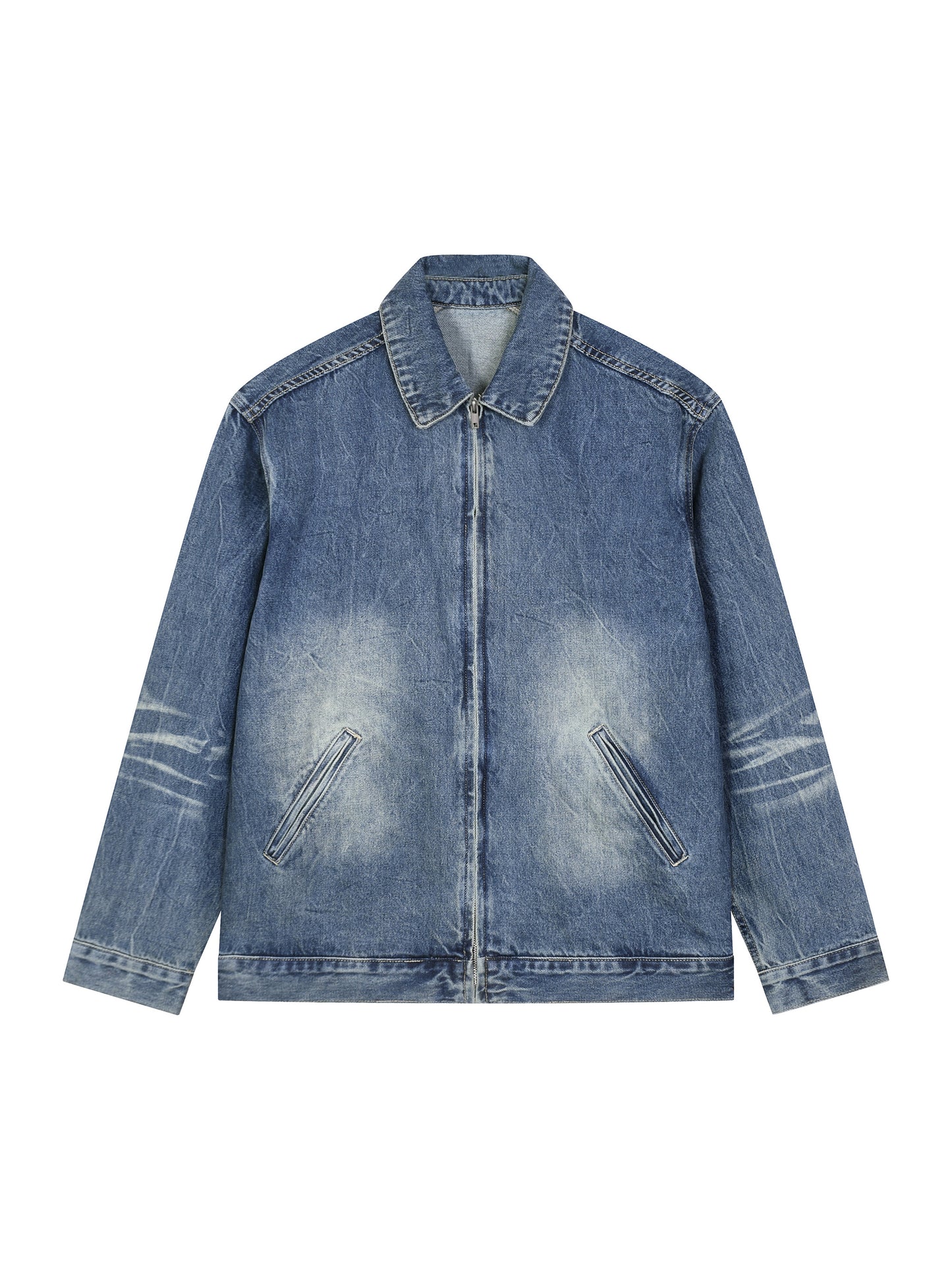 </wear the code> White Men Vintage Wash Zip Up Denim Jacket