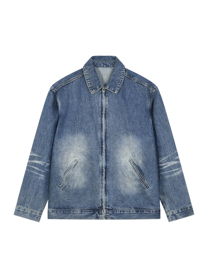 </wear the code> White Men Vintage Wash Zip Up Denim Jacket