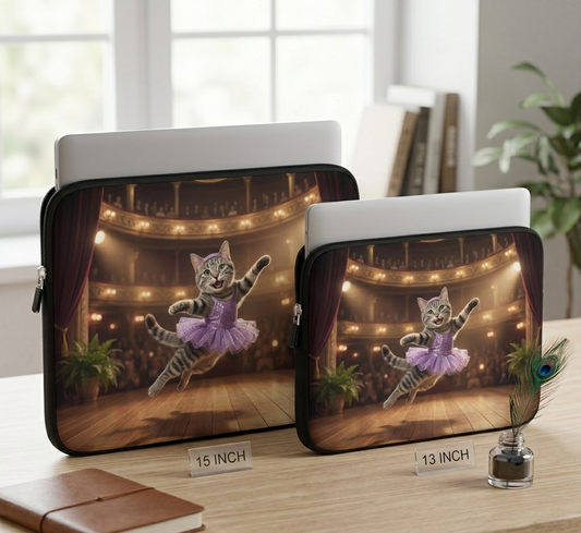 Two laptop sleeves with a design of a cat in a ballet outfit on a stage, placed on a wooden surface.
