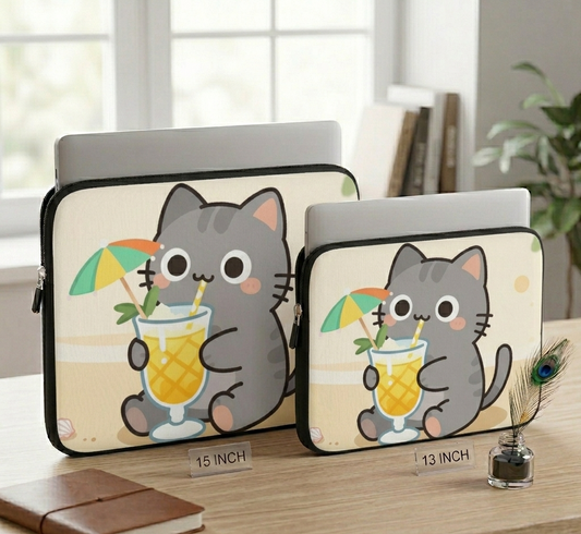 Two laptop sleeves with a cartoon cat design holding a drink on a wooden surface.