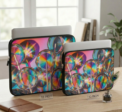 Two laptop sleeves with colorful abstract design on a desk