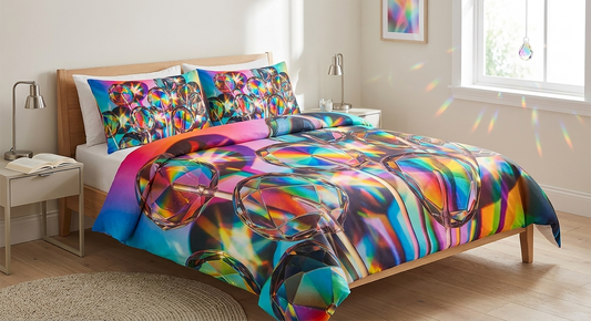 Bedroom with a bed featuring colorful bedding and pillows.