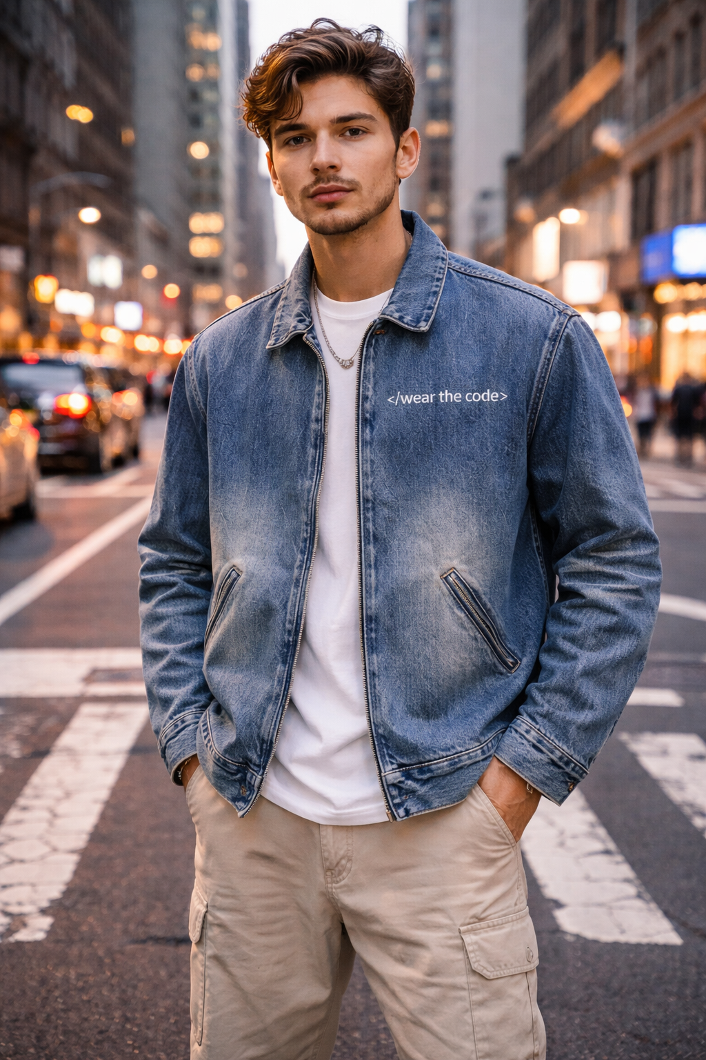 Man wearing a denim jacket with text on it, standing on a city street.