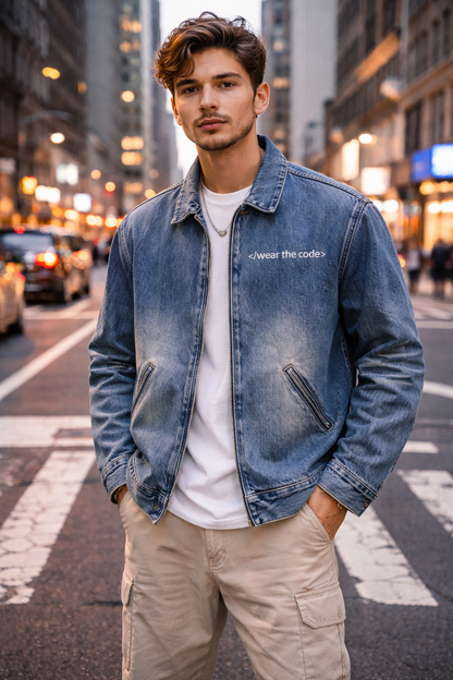 Man wearing a denim jacket with text on it, standing on a city street.