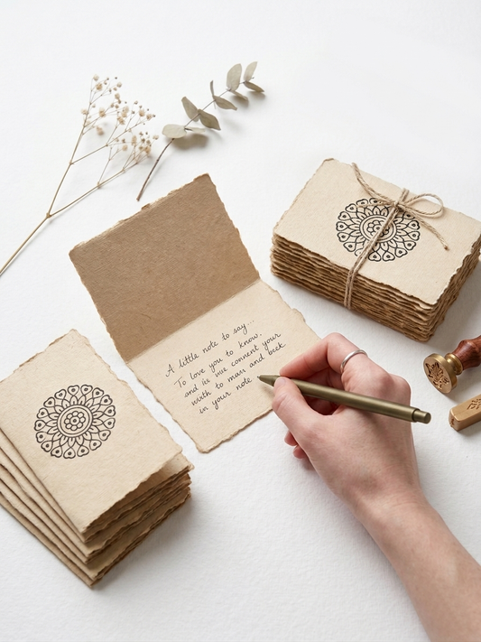Kraft paper notebooks with mandala designs, a hand holding a pen, and dried flowers on a white surface.