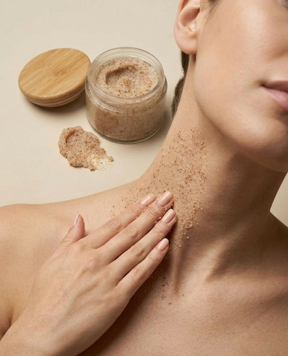 Person applying a brown scrub to their neck with a jar of scrub and wooden lid on a beige background.