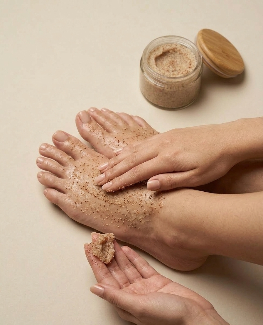 Person applying a foot scrub to their feet with a jar of scrub and a wooden lid on a beige background.