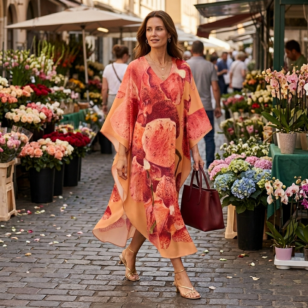 Woman in a floral dress walking through a flower market