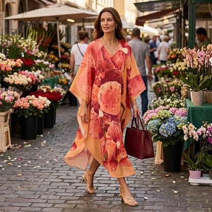 Woman in a floral dress walking through a flower market