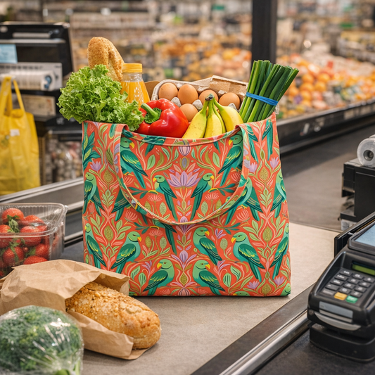 Colorful patterned reusable shopping bag filled with groceries at a checkout counter.