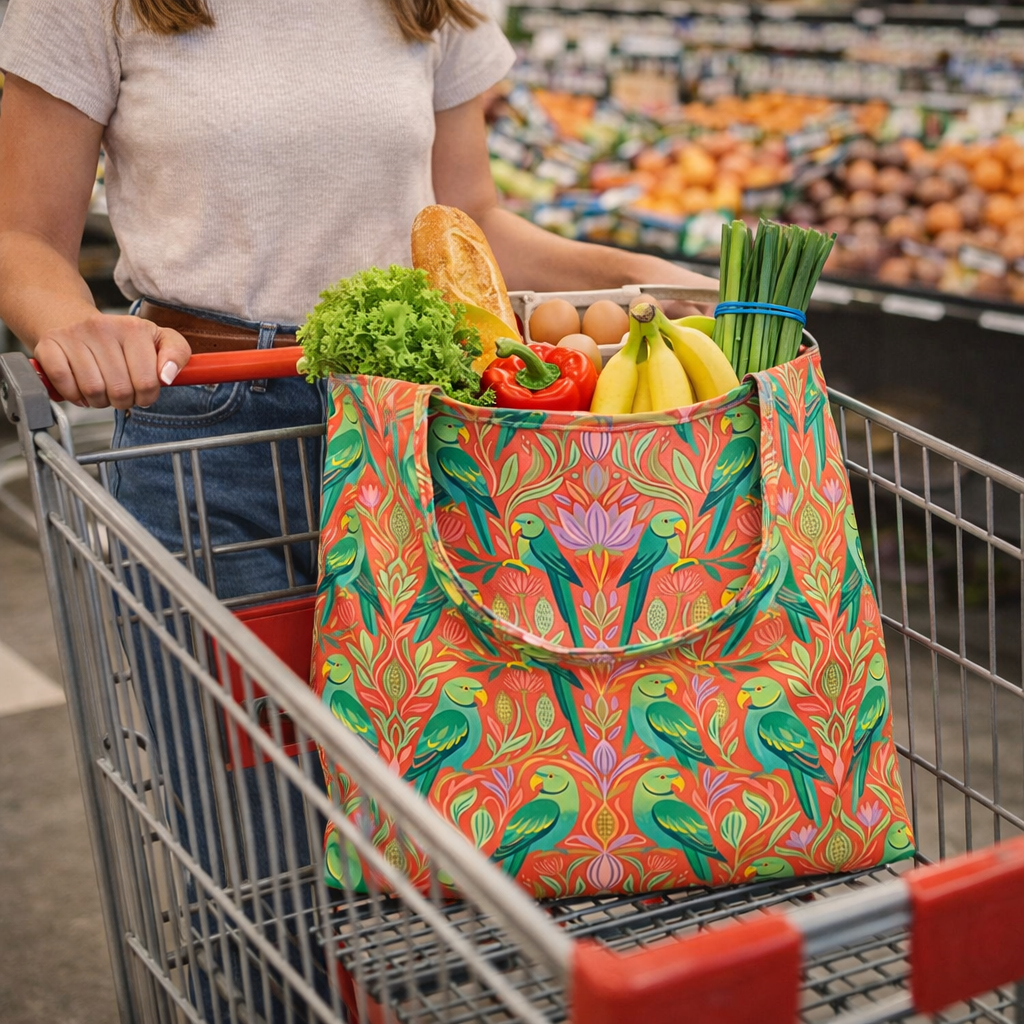 Person pushing a shopping cart with a colorful reusable bag full of groceries in a supermarket.