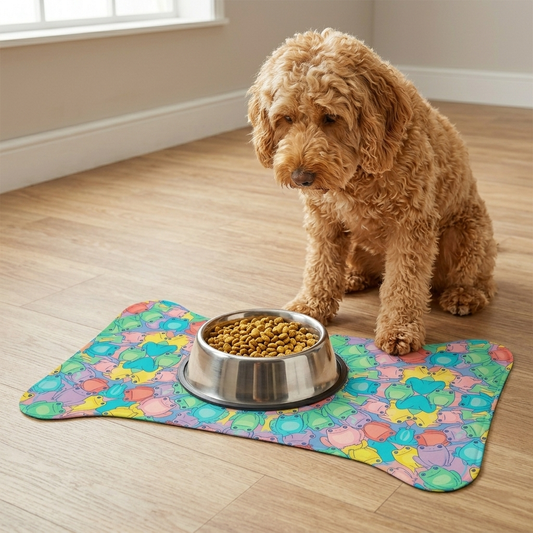 Dog sitting on a colorful mat with a bowl of food on a wooden floor.