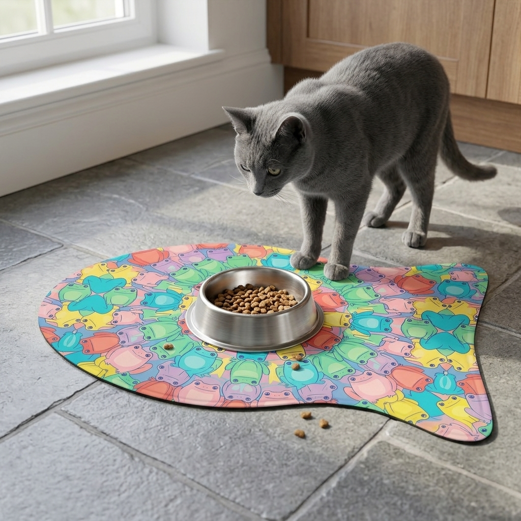 Cat standing on a colorful mat with a bowl of food on a stone floor.