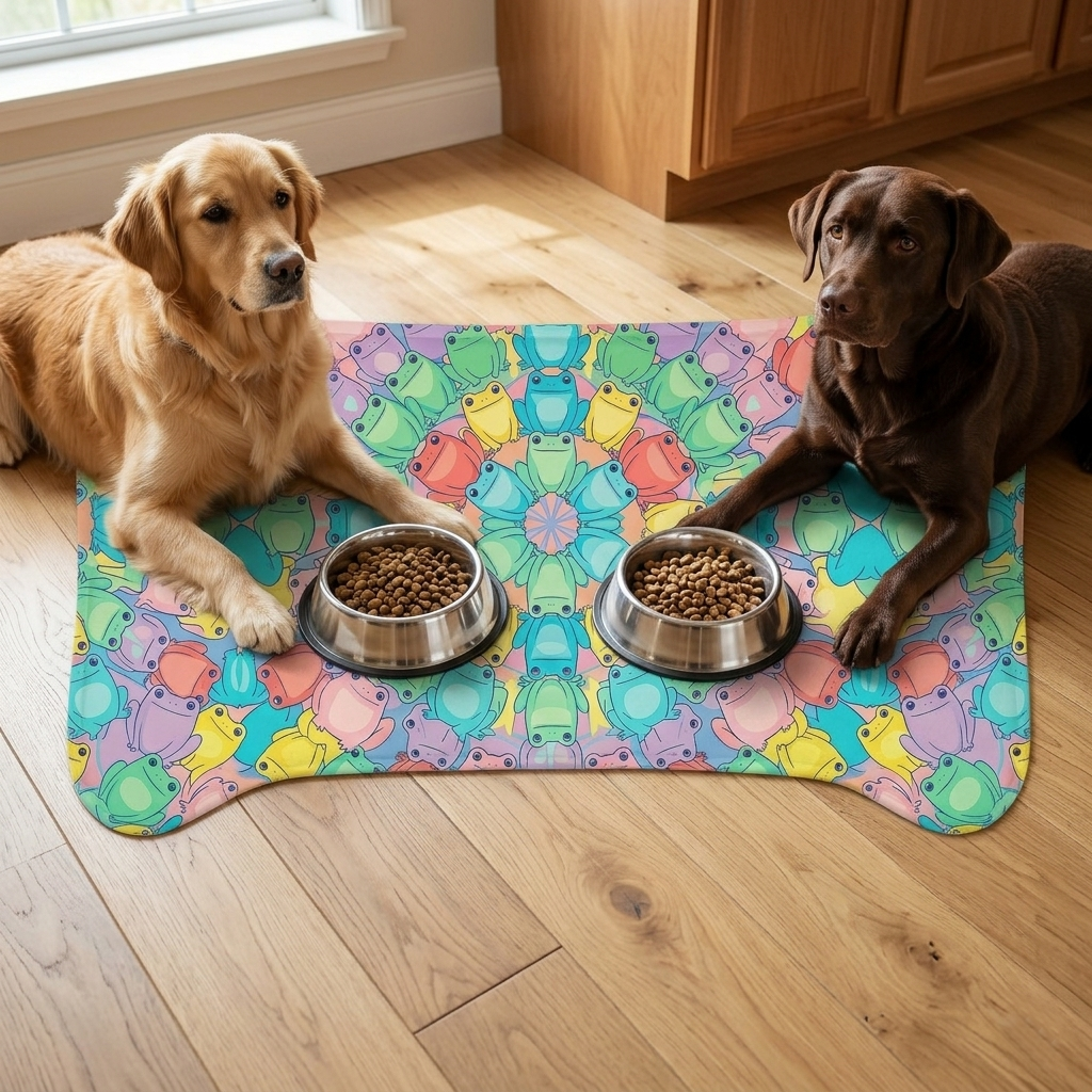 Two dogs sitting on a colorful mat with two bowls of food in a kitchen.