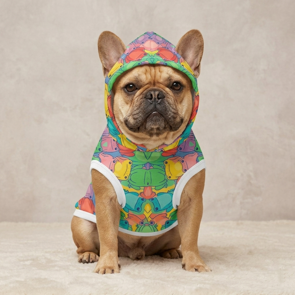 Dog wearing a colorful hoodie with a pattern of shapes and colors on a beige background