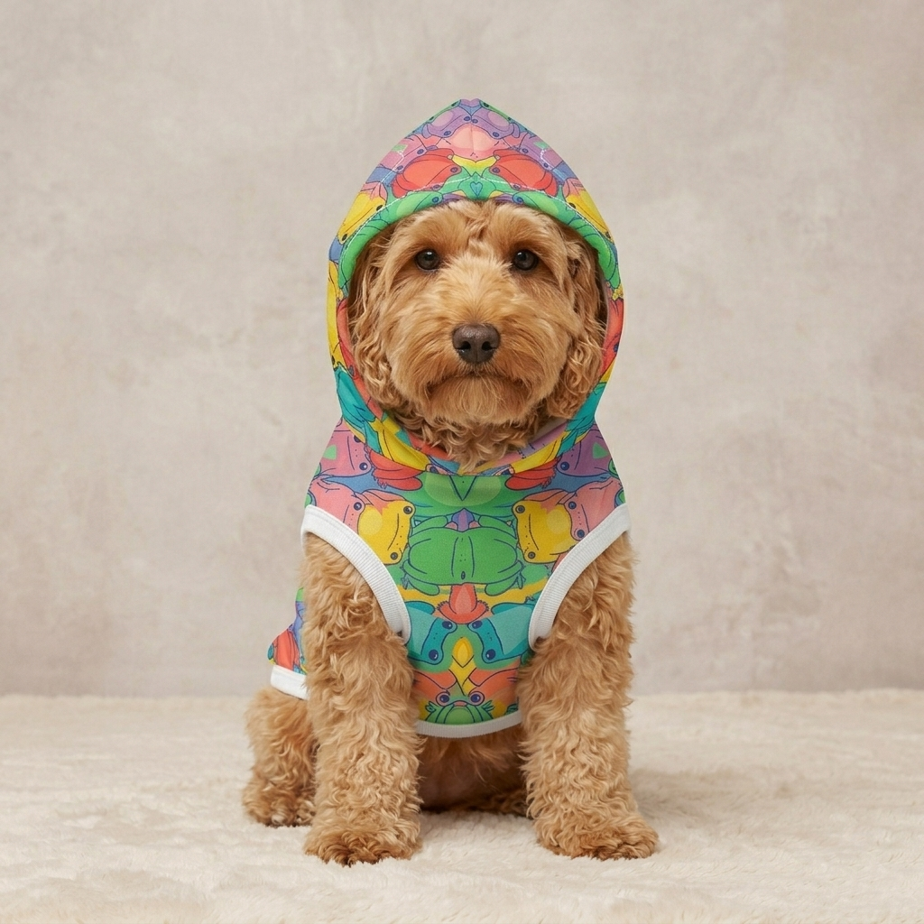 Dog wearing a colorful hoodie with a pattern on a neutral background