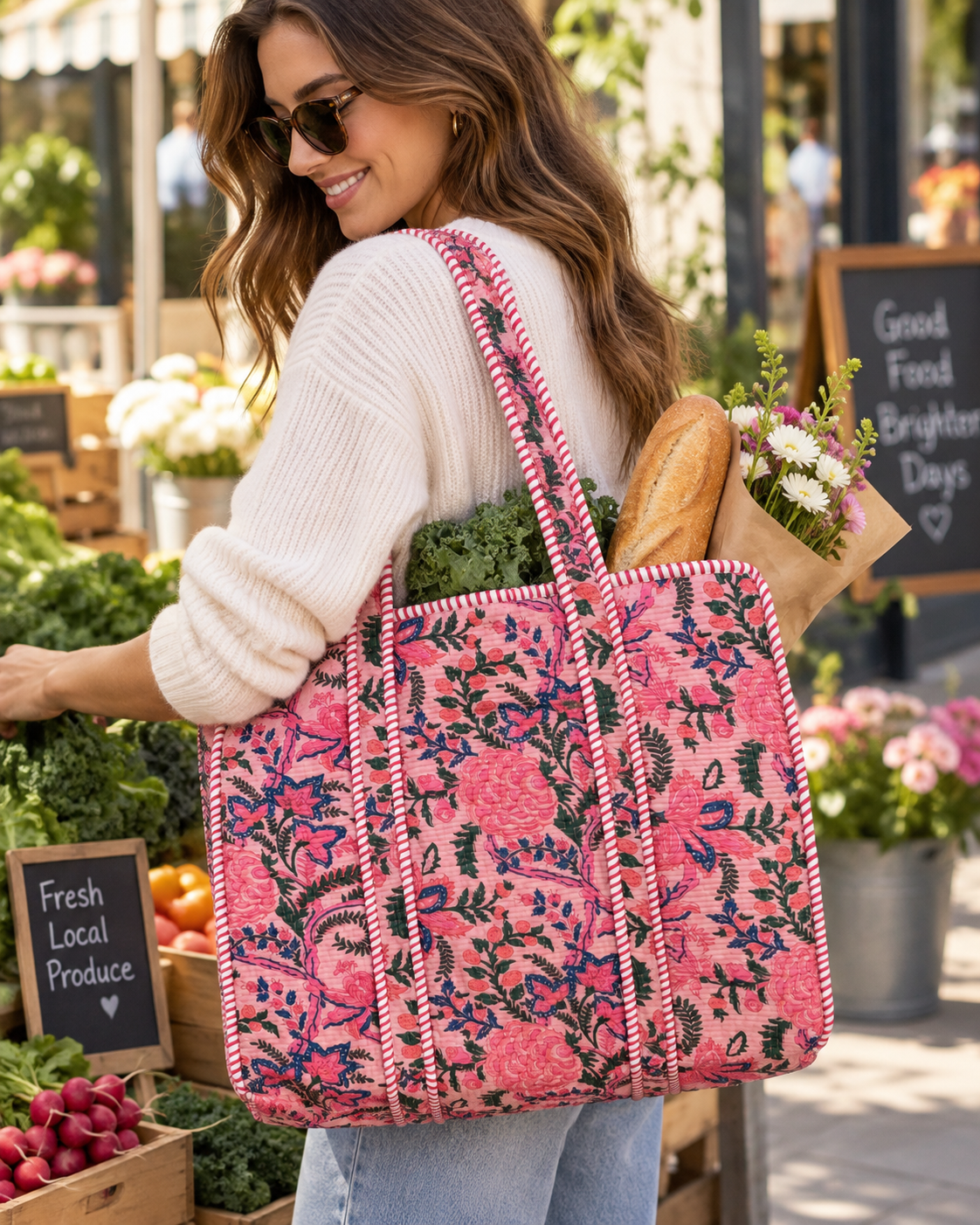 Jaipuri Hand Made Light Pink Base with Pink Floral Carry All Tote Bag 100% Cotton