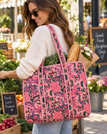 Jaipuri Hand Made Light Pink Base with Pink Floral Carry All Tote Bag 100% Cotton