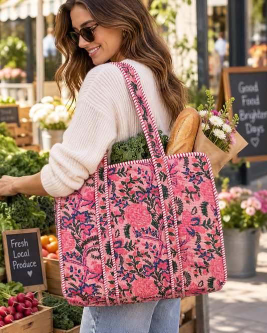 Jaipuri Hand Made Light Pink Base with Pink Floral Carry All Tote Bag 100% Cotton