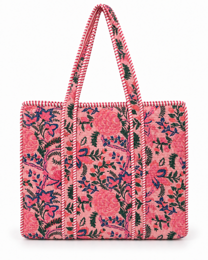 Jaipuri Hand Made Light Pink Base with Pink Floral Carry All Tote Bag 100% Cotton