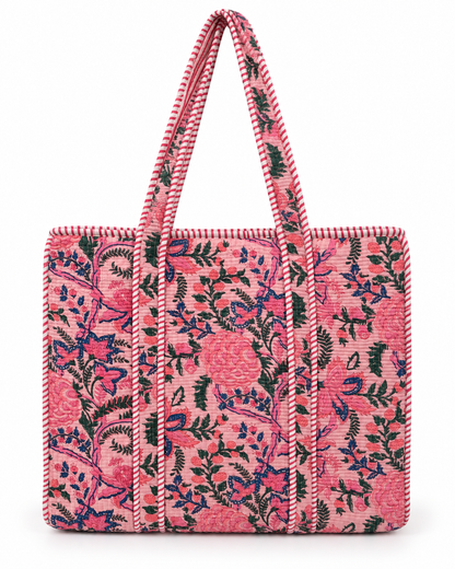 Jaipuri Hand Made Light Pink Base with Pink Floral Carry All Tote Bag 100% Cotton